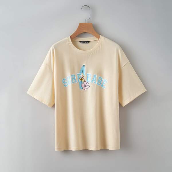 

Floral And Letter Graphic Tee, Apricot