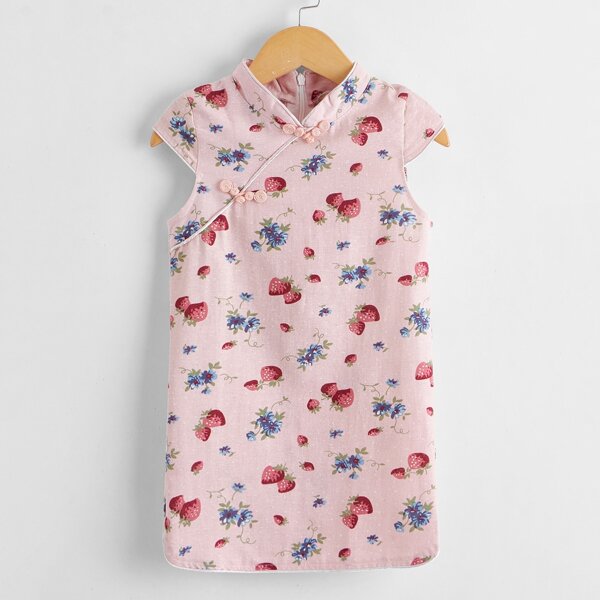 

Toddler Girls Strawberry Print Frog Button Qipao Dress, Baby pink