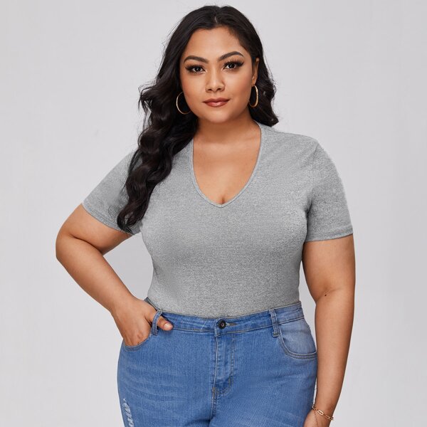 

Plus Solid V Neck Tee, Grey