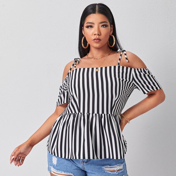 

Plus Striped Knot Smock Blouse, Black and white