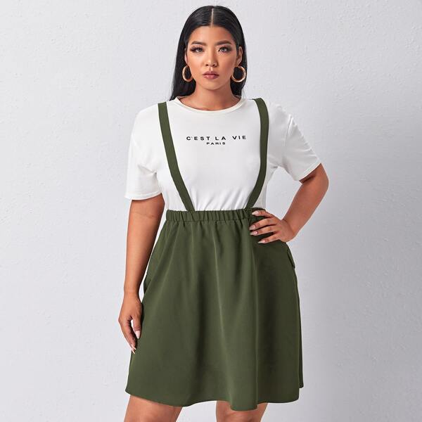 

Plus Solid Flap Pocket Overall Skirt, Army green