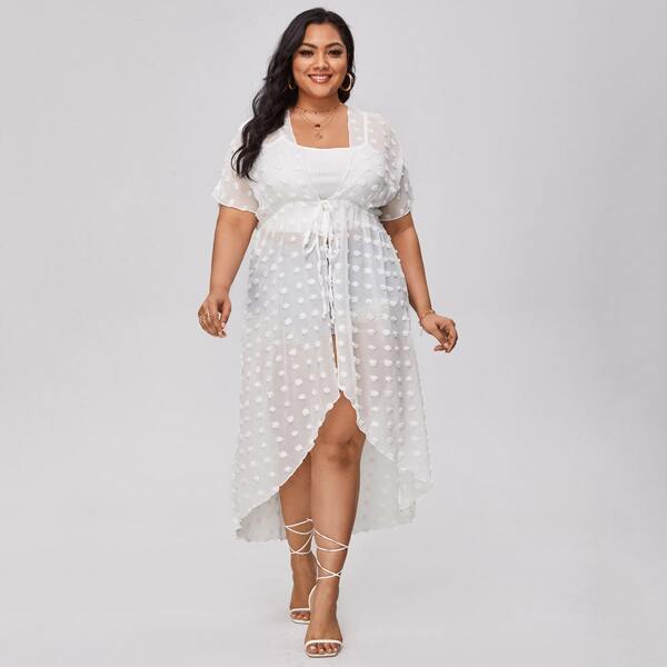 

Plus Swiss Dot Knot Sheer Kimono, White