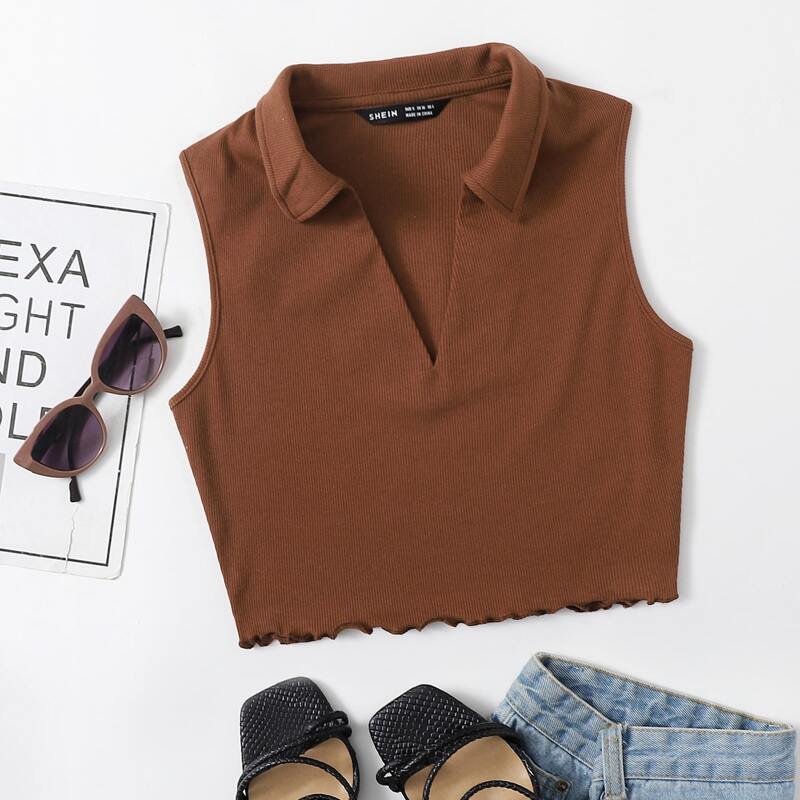 

Collar V-neck Lettuce Edge Tank Top, Coffee brown