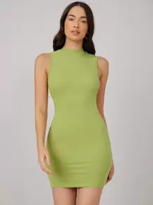SHEIN BASICS Mock-Neck Bodycon Dress - Lime Green - View 1