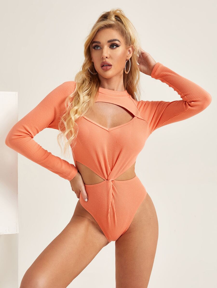 SHEIN 鏤空前扭結細節連體衣 - 珊瑚橙 - 查看 1