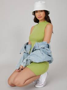 SHEIN BASICS Mock-Neck Bodycon Dress - Lime Green - View 3