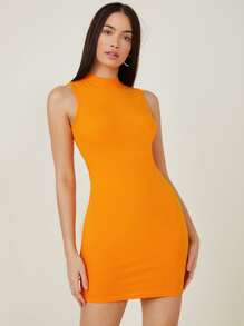 SHEIN BASICS Cotton Neon Orange Mock-Neck Bodycon Dress - Orange - View 1