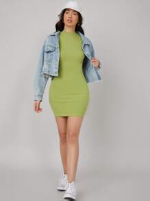 SHEIN BASICS Mock-Neck Bodycon Dress - Lime Green - View 4