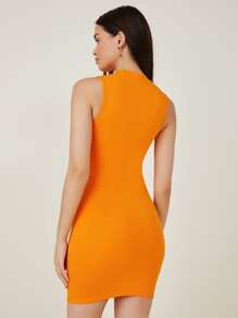 SHEIN BASICS Cotton Neon Orange Mock-Neck Bodycon Dress - Orange - View 2