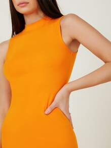 SHEIN BASICS Cotton Neon Orange Mock-Neck Bodycon Dress - Orange - View 5