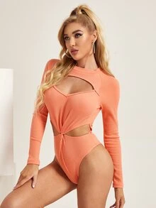 SHEIN 鏤空前扭結細節連體衣 - 珊瑚橙 - 查看 5
