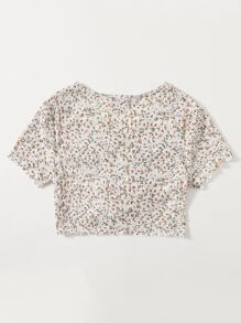 SHEIN Qutie Cottagecore Ruched Front Lettuce Trim Ditsy Floral Tee - Multicolor - View 2