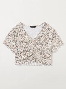 SHEIN Qutie Cottagecore Ruched Front Lettuce Trim Ditsy Floral Tee - Multicolor - View 4