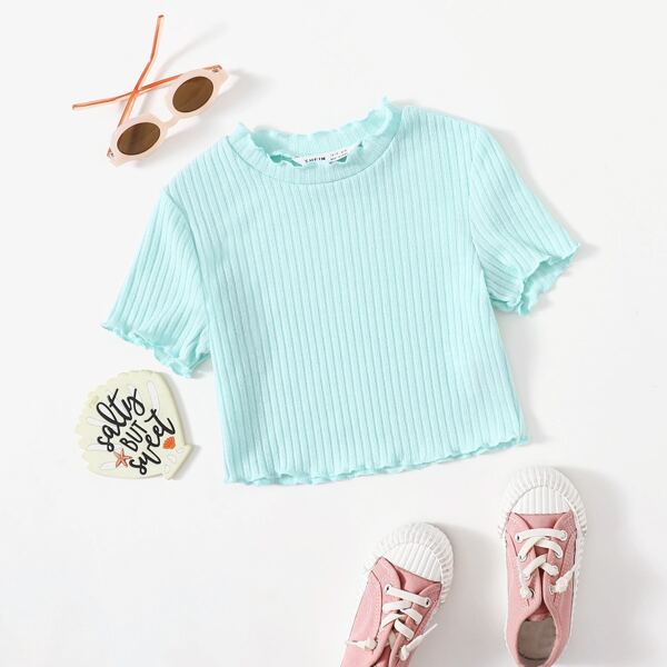 

Girls Lettuce Edge Rib-knit Top, Mint blue