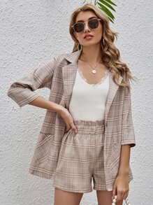SHEIN Essnce Single Button Plaid Blazer With Shorts - Khaki - View 1