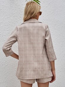 SHEIN Essnce Single Button Plaid Blazer With Shorts - Khaki - View 2