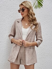 SHEIN Essnce Single Button Plaid Blazer With Shorts - Khaki - View 4