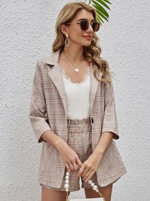 SHEIN Essnce Single Button Plaid Blazer With Shorts - Khaki - View 5