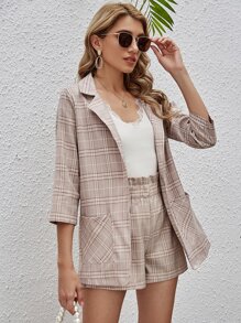 SHEIN Essnce Single Button Plaid Blazer With Shorts - Khaki - View 6