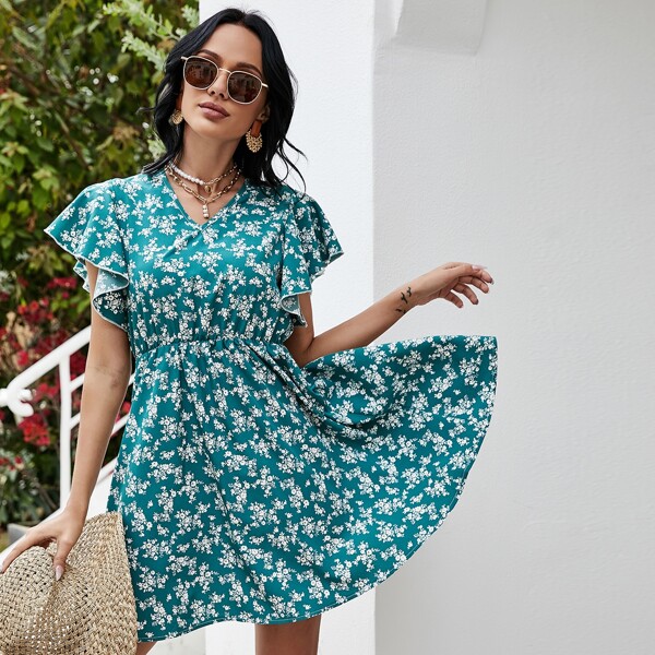 

Allover Floral Print V-neck Butterfly Sleeve Dress, Cadet blue