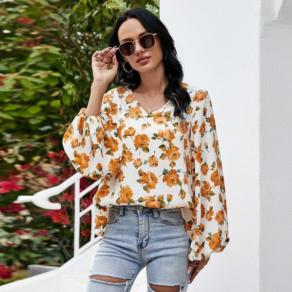 

Floral Print Bishop Sleeve Blouse, Multicolor