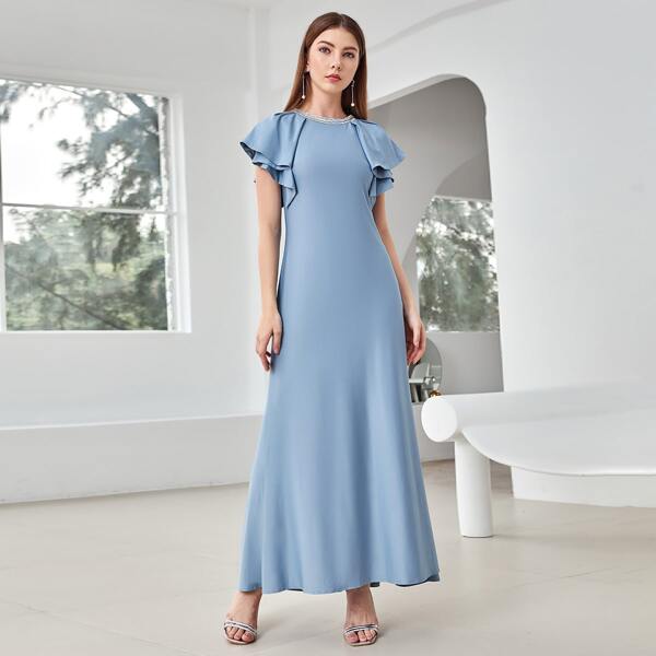 

Solid Butterfly Sleeve Rhinestone Decoration Dress, Baby blue