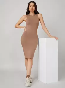 SHEIN BASICS Solid Bodycon Dress - Khaki - View 1