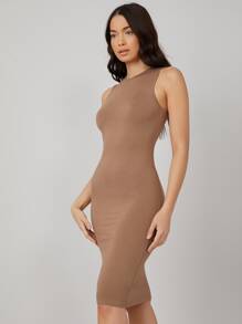 SHEIN BASICS Solid Bodycon Dress - Khaki - View 3