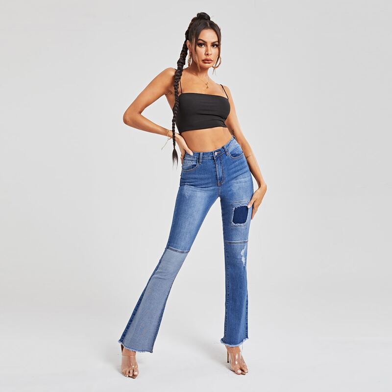 

High Waist Ripped Raw Hem Spliced Flare Leg Jeans, Medium wash