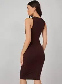 SHEIN BASICS Solid Bodycon Dress - Chocolate Brown - View 2