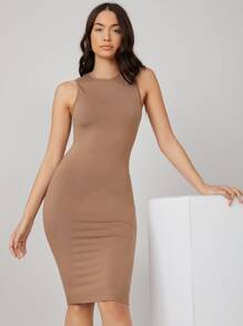 SHEIN BASICS Solid Bodycon Dress - Khaki - View 4