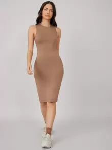 SHEIN BASICS Solid Bodycon Dress - Khaki - View 5