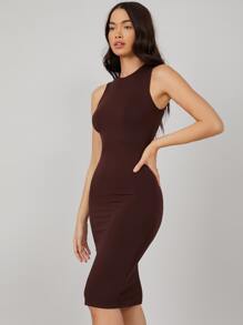 SHEIN BASICS Solid Bodycon Dress - Chocolate Brown - View 4