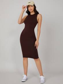 SHEIN BASICS Solid Bodycon Dress - Chocolate Brown - View 5