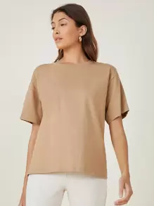 SHEIN BASICS 含棉落肩袖素色T恤 - 卡其色 - 查看 1