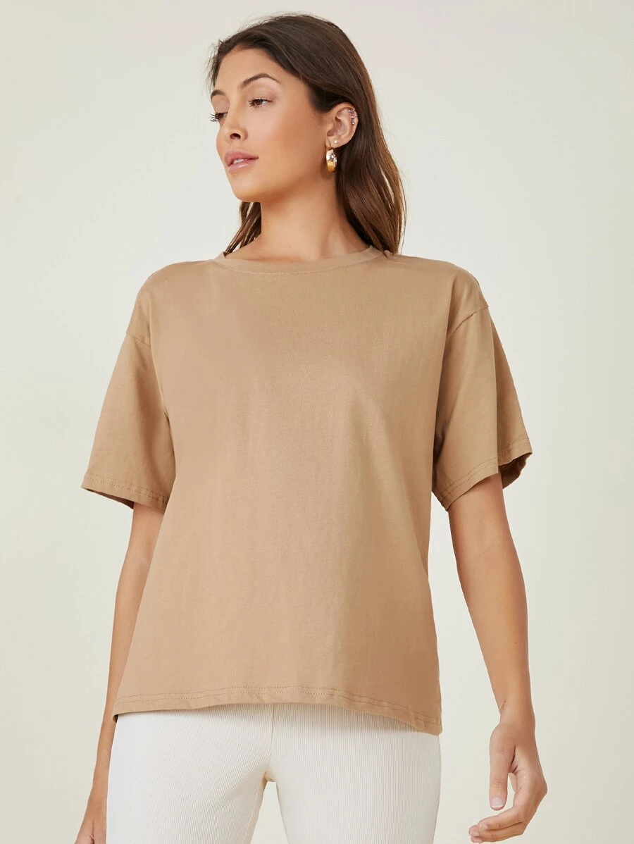 SHEIN BASICS 含棉落肩袖素色T恤 - 卡其色 - 查看 1