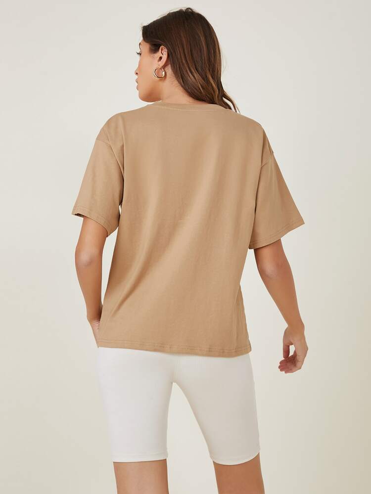 SHEIN BASICS Cotton Drop Shoulder Solid Tee - Khaki - View 2