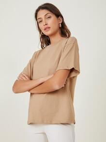 SHEIN BASICS 含棉落肩袖素色T恤 - 卡其色 - 查看 3