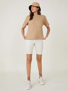 SHEIN BASICS 含棉落肩袖素色T恤 - 卡其色 - 查看 5