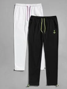 Manfinity Men 2 Packs Drawstring Detail Graphic Joggers - Black and White - View 1