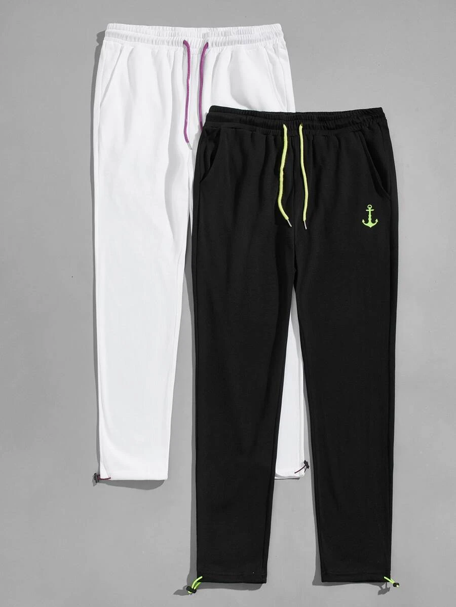 Manfinity Men 2 Packs Drawstring Detail Graphic Joggers - Black and White - View 1