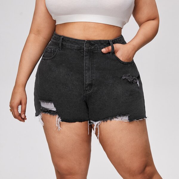 

Plus High Waist Ripped Raw Hem Denim Shorts, Dark grey