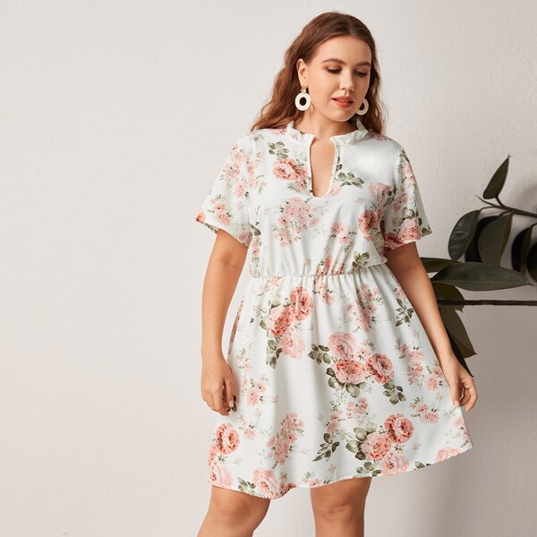 

Plus Notched Neck Floral Print Dress, Multicolor