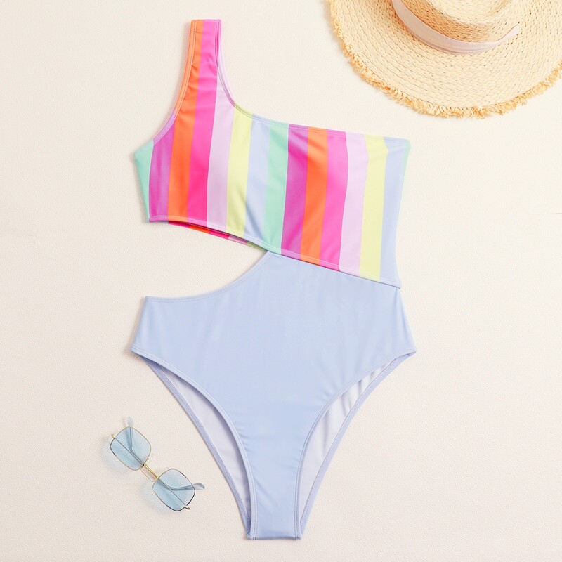 

Striped One Shoulder Cut-out One Piece Swimsuit, Multicolor