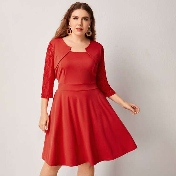 

Plus Zip Back Contrast Lace Solid Dress, Red