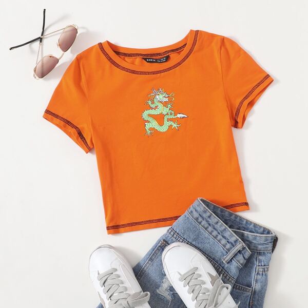 

Chinese Dragon Print Crop Tee, Orange bright