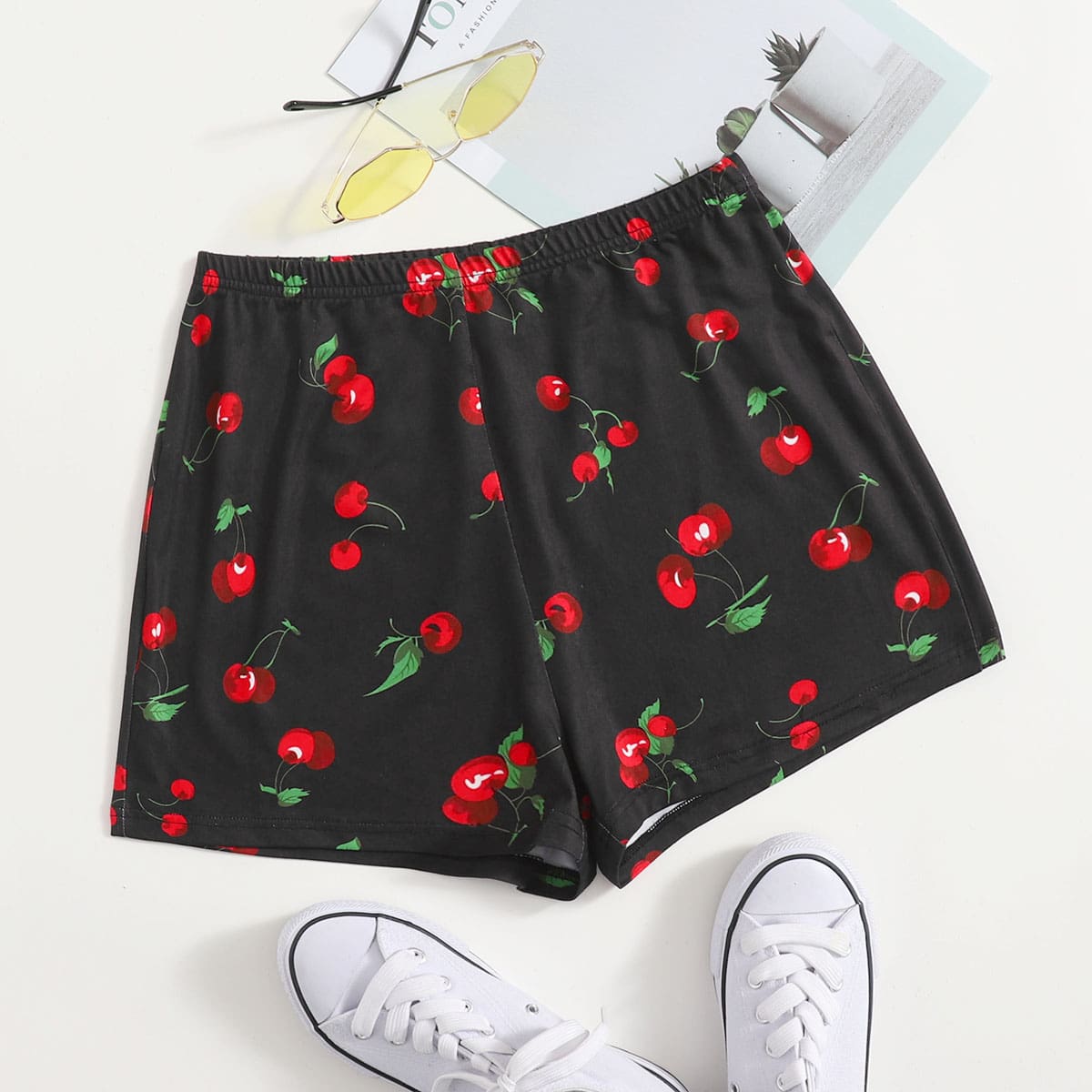 

Cherry Print Biker Shorts, Black