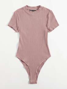 SHEIN EZwear Mock-neck Rib-knit Bodysuit - Dusty Pink - View 3