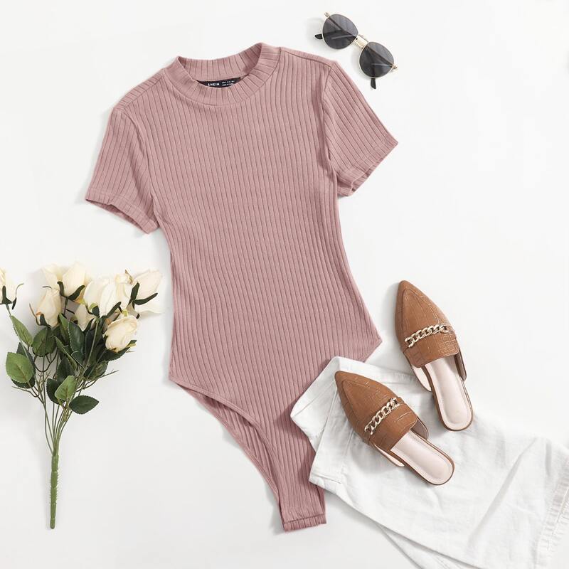 

Mock-neck Rib-knit Bodysuit, Dusty pink