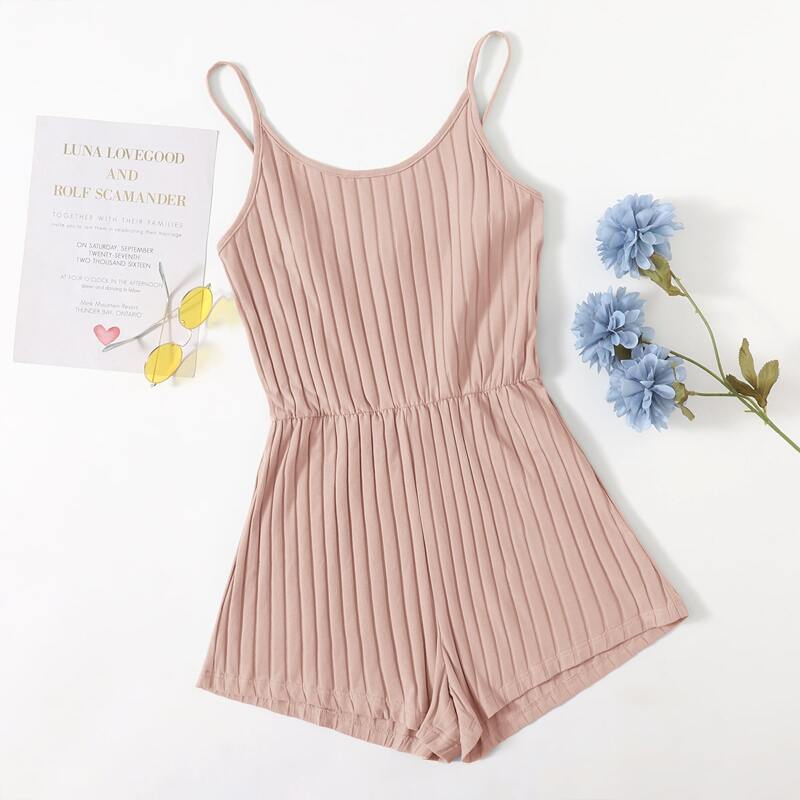 

Rib-knit Cami Romper, Baby pink